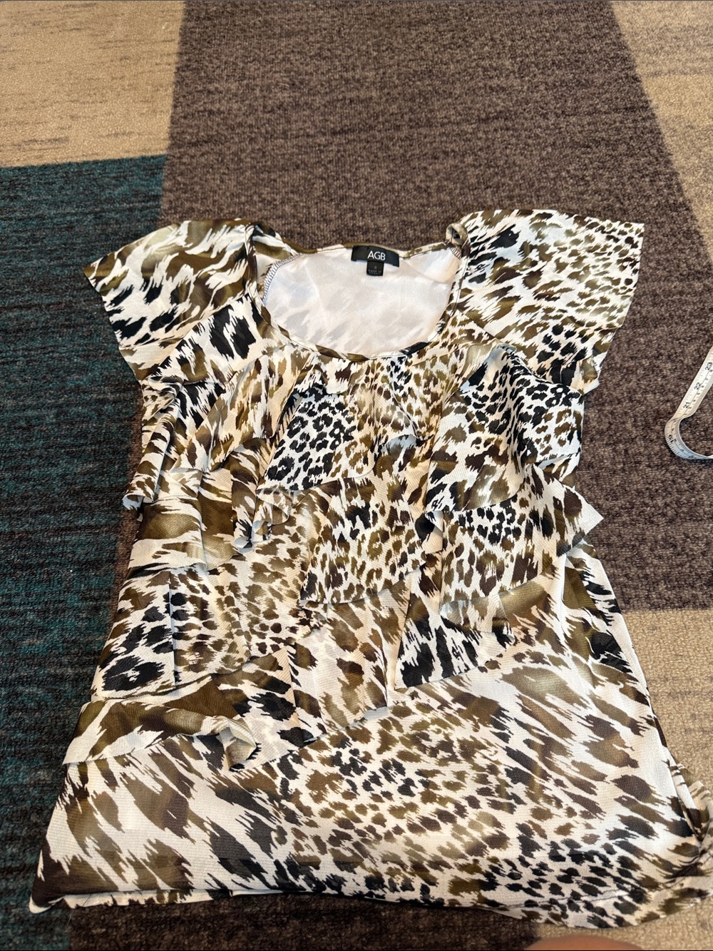 AGB Brown and Black Animal Print Ruffle Short Sleeve Top